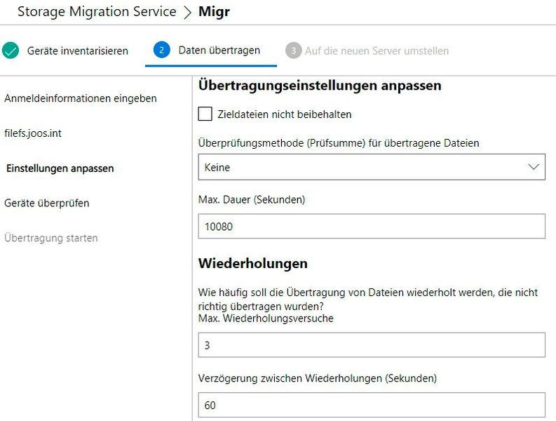 Verwalten des Migrationsjobs und konfigurieren der Optionen von Datenübertragungen im Storage Migration Service in Windows Server 2022. (Bild: Joos (Screenshot))
