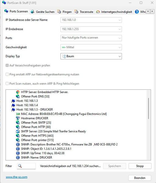 Mit PortScan lassen sich in kurzer Zeit alle Geräte im Netzwerk scannen und auf offene Ports untersuchen. (Bild: Joos - the sz development)