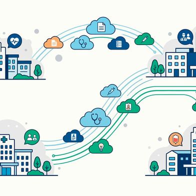 Die H³-Infrastruktur ermöglicht den Datenaustausch über standardisierte Schnittstellen, wobei die Daten weiterhin dezentral in den jeweiligen Häusern gespeichert bleiben.  (Bild: © akana - stock.adobe.com / KI-generiert)