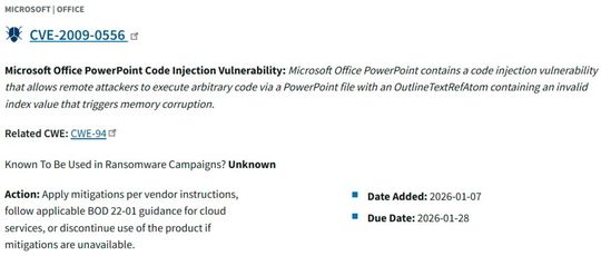 Eintrag von EUVD-2009-0560 / CVE-2009-0556 im KEV-Katalog der CISA(Bild:  Vogel IT-Medien GmbH)