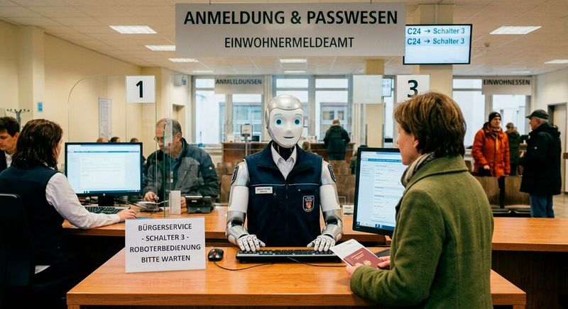 Eine KI, die direkt mit Bürgerinnen und Bürgern interagiert und Verwaltungsdienstleistungen erbringt, war bis vor wenigen Jahren im Reich der Fantasie angesiedelt. Doch mehr und mehr Bürgerinnen und Bürger können sich offenbar mit der Situation anfreunden, so eine Studie des Branchenverbands Bitkom.(Bild:  Gemini / KI-generiert)
