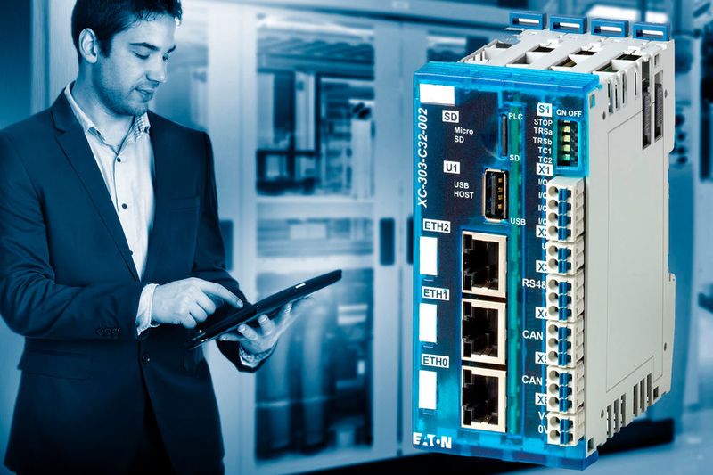Mit XC300 bietet Eaton eine flexible Steuerung, die es Maschinen- und Anlagenbauern erlaubt, in Kombination mit dem kompakten I/O-System XN300 und dem Touchpanel XV300 ein schlankes und modernes Automatisierungskonzept zu realisieren. Der Prozessor des Systems ermöglicht geringe Zykluszeiten von unter 1 ms, sodass Anwender einen hohen Maschinentakt und damit eine hohe Produktivität erzielen können. Dank der Vielzahl an Schnittstellen eignet sich die Steuerung als universeller und flexibler Datenknoten für unterschiedlichste Anwendungen. Ein integrierter OPC-Server erlaubt die standardisierte Datenübertragung in der M2M-Kommunikation, sodass sich die XC300 nahtlos in Automatisierungsarchitekturen für Industrie 4.0 einbinden lässt. Hannover Messe: Halle 11,  Stand C71. (Eaton)