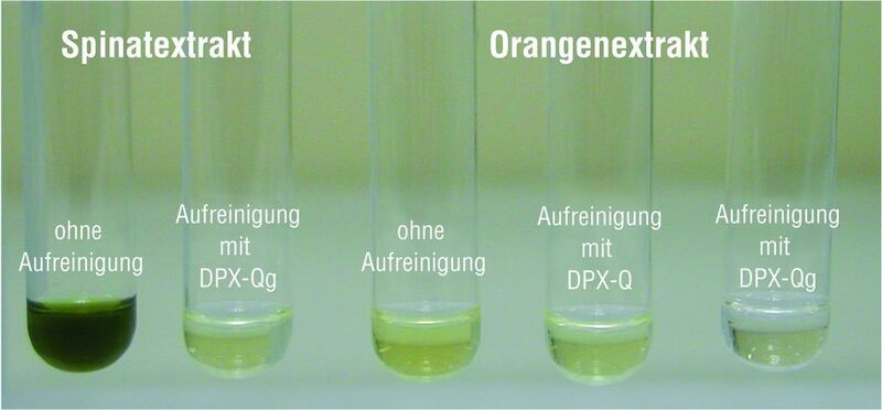 Abb. 2: Spinat- und Orangenextrakt ohne und mit DPX-Aufreinigung.  (Bild: Gerstel)