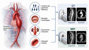 Vier Risikofaktoren, zwei Verfahren: Bei familiärer Belastung, bikuspider Aortenklappe, Bauchaortenaneurysma oder Riesenzellarteriitis kommen CT und MRT für die gezielte Suche infrage. (Bild: Guido Deußing, KI-generiert nach Peterß et al. 2026)