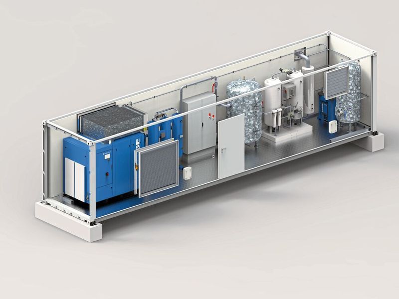 Für das Pilotprojekt lieferte Boge zwei 40-ft-Container mit unterschiedlicher Ausstattung. In  einem der Container wurden ein ölgeschmierter, frequenzgeregelter Schraubenkompressor, eine Druckluftaufbereitung sowie ein Stickstoffgenerator zur Stickstofferzeugung installiert.