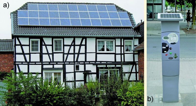 Abb. 3: (a) Konventionelle Photovoltaik-Anlage auf einem Hausdach montiert. (b) Solarbetriebener Parkscheinautomat (Bilder: Dr. Michael Krüger) (Archiv: Vogel Business Media)