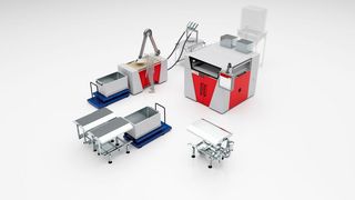 Prozesslayout der Kalt-IOB-Technologie. Nach dem Drucken müssen die Bauteile in der Jobbox lediglich in einer Trocknungsstation mit trockener Luft ausgehärtet werden. Nach dem Entpacken sind sie für den Abguss bereit. Loser, nicht verdruckter Sand kann recycelt werden. (Bild: Voxeljet)