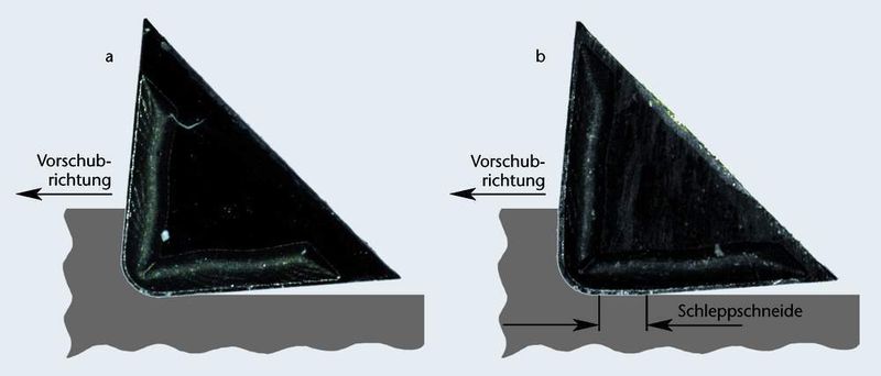 Bild 7: Unterschiedliche Schneideneckengeometrien von Wendeschneidplatten: a konventionelle Eckengeometrie, b Wiper-Geometrie. (Archiv: Vogel Business Media)