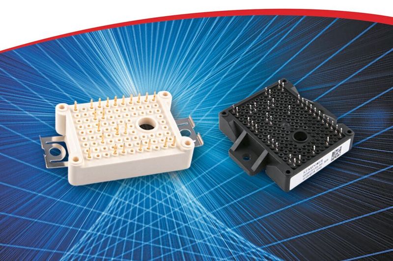 SiC half-bridge power module for inverter and converter stages, shown with conventional pins and press-fit pins.(Bild:  StarPower Europe AG)