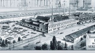 Ein historischer Kupferstich zeigt das Werk der Siegener Verzinkerei Actiengesellschaft in Geisweid, Siegen im Jahre 1909. Im Hintergrund ist die Einmauerung des Verzinkungskessels dargestellt.  (The Coating Company)