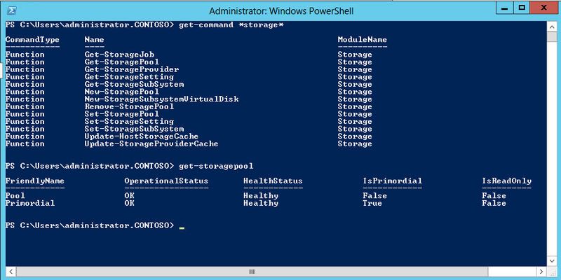 Speicherpools und virtuelle Festplatten lassen sich auch in der PowerShell verwalten. Die einzelnen Befehle zeigen Administratoren mit get-command *storage* an. Get-storagepool zeigt zum Beispiel die angelegten Pools an. (Archiv: Vogel Business Media)