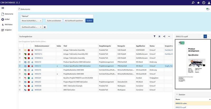Das Contact-Dokumentenmanagement im Browser: Suchergebnisse sind nach Relevanz sortiert, lassen sich schnell filtern und direkt bearbeiten. (Contact Software)
