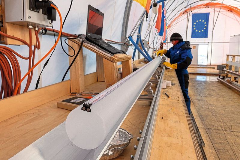 Ein frisch geborter Eiskern wird vermessen. (Bild: PNRA/IPEV)