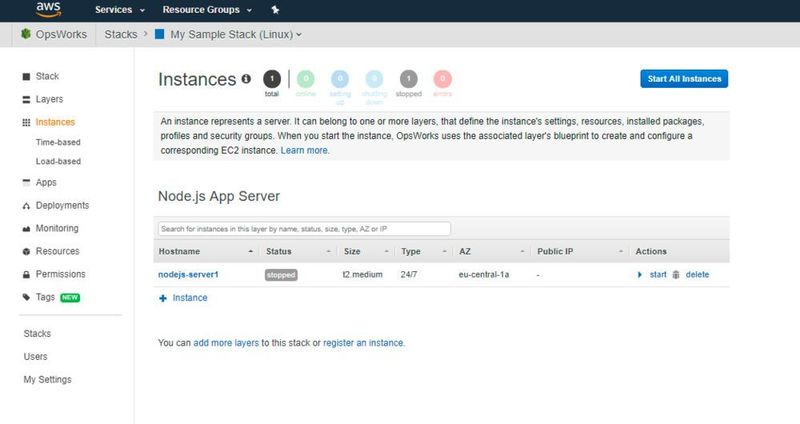 Der angelegte Layer Layer beinhaltet bereits die EC2-Instanz „nodejs.server1“, deren Eigenschaften man im Stacks-Dashboard im Abschnitt „Instances“ bearbeiten kann. (Drilling / AWS)