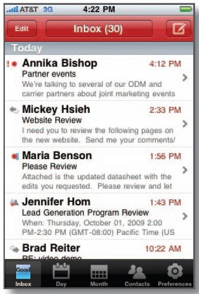 Good Enterprise iPhone bietet sichere, Push-basierende Synchronistation von E-Mailkonten... (Archiv: Vogel Business Media)
