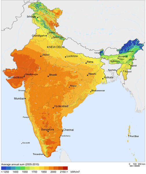 Solar ressource map of India - Especially the West of the Subcontinet offers huge potentials for the use of solar power. (Picture: Wikimedia Commons)