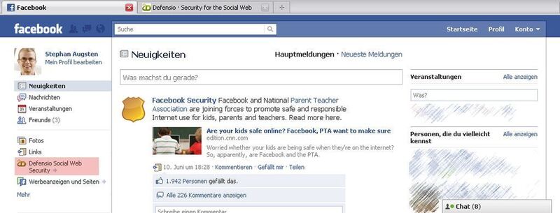 Auf der Facebook-Hauptseite findet sich fortan der Eintrag Defensio Social Web Security. (Archiv: Vogel Business Media)