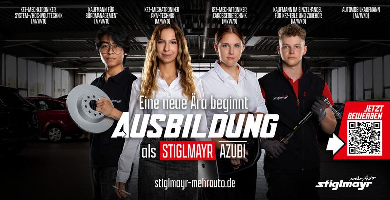 Echte Gesichter statt Hochglanz-Marketing: Das Stiglmayr-Banner zeigt vier Azubis als Botschafter für die Ausbildung im Unternehmen. (Bild: Stiglmayr)