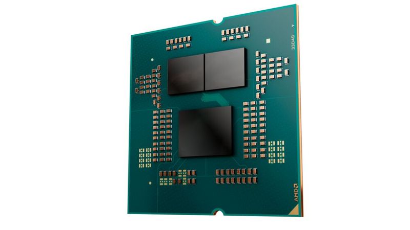 Unter einem der beiden CPU-Chiplets sitzt beim Ryzen 7 9850X3D ein zusätzlicher Cache-Chip. Mit ihm kommt der Granite-Ridge-Prozessor auf 96 statt 32 MB L3-Cache. (Bild: AMD)