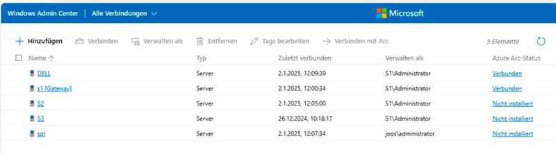 Der Status der Azure Arc-Verbindung ist im Windows Admin Center zu erkennen. (Bild: Joos - Microsoft)