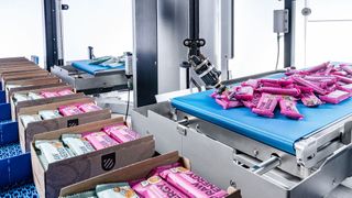 Mit bis zu 90 Takten pro Minute greift der tog.519 Lebensmittel wie diese Riegel aus der Unordnung und platziert sie in jedes denkbare Ziel – ohne aufwendige Programmierung. (Bild: Gerhard Schubert GmbH)