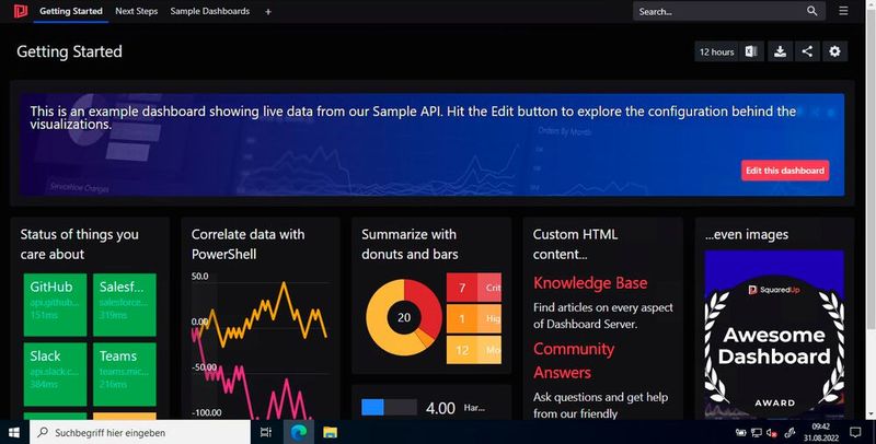 Nach dem Aufrufen der Webseite von SquaredUp Dashboard Server lassen sich eigene Dashboards auf Basis der angebundenen Datenquellen erstellen. (Bild: Joos / SquaredUp)