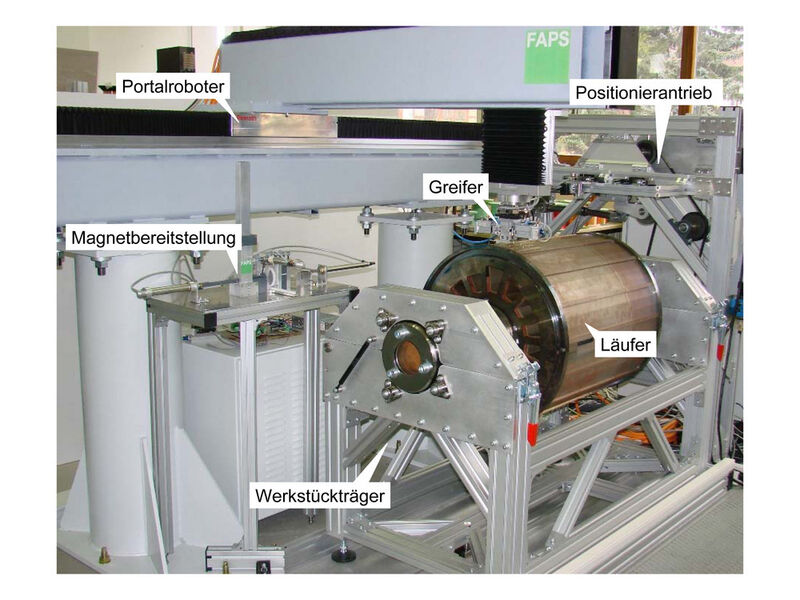 Robotergestützte Montagezelle zur automatisierten Bestückung großer Traktionsmotorläufer mit magnetisierten Dauermagneten. (Archiv: Vogel Business Media)