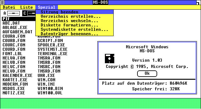 Startbildschirm von Windows 1, hier in der deutschsprachigen Version 1.03.