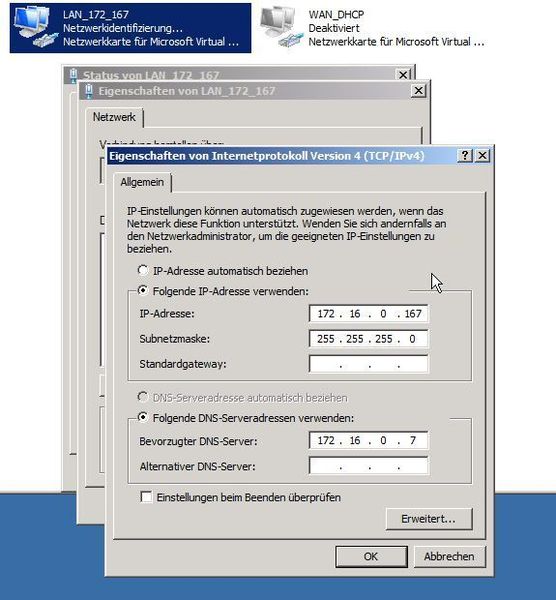 Nun Starten wir die  VM erneut und weisen den Netzwerkkarten ind er VM wieder die passende IP-Adressen zu. Für die LAN-NIC (z.b. wie im Bild 172.16.0.167). Als DNS-Server wird der Domänen Controller eingetragen. (Archiv: Vogel Business Media)