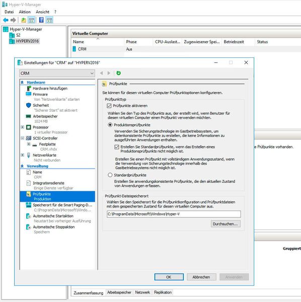 Abbildung 10: Beim Erstellen neuer VMs stehen auch die neuen Funktionen von Windows Server 2016 zur Verfügung. Hier lassen sich zum Beispiel die Produktions-Snapshots konfigurieren und verwenden, genauso wie alle anderen Funktionen, die Windows Server 2016 bietet. Hyper-V-Server 2016 lässt sich an dieser Stelle produktiv nutzen. (Thomas Joos/ Microsoft)