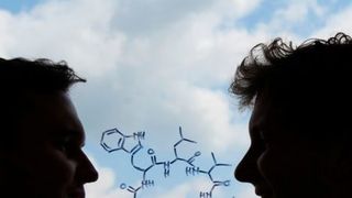 Die chemische Strukturformel des neu entdeckten Antibiotikums „Lugdunin“. Außerdem im Bild: die beiden Erstautoren Alexander Zipperer (links) und Martin Christoph Konnerth (rechts). (Martin Christoph Konnerth)