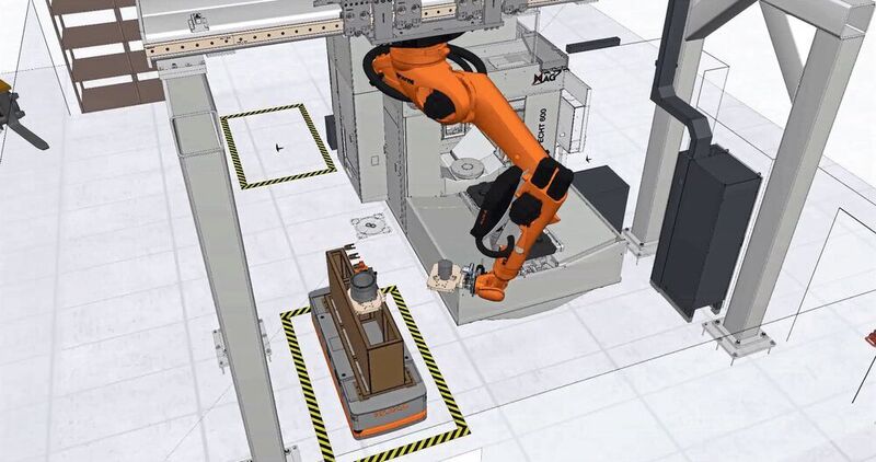 An einem Portal vor einem Specht-600-Bearbeitungszentrum hängt dabei über Kopf ein 6-Achs-Kuka-Roboter des Typs Quantec. Und per Kamera klappt der präzise Palettenwec (MAG)