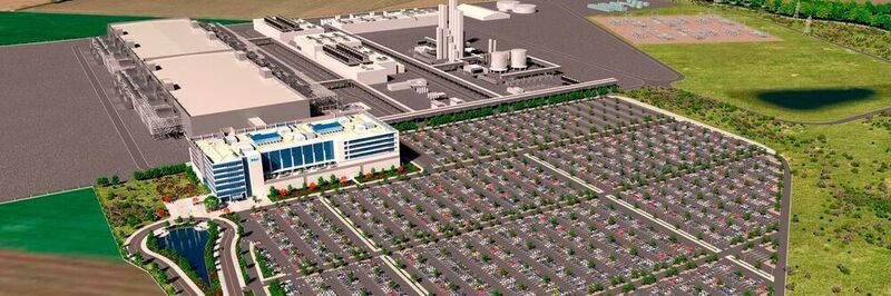 Renderansicht der geplanten Chip-Fabrik in Magdeburg. Der Bund fördert den Bau mit mehreren Milliarden Euro.  (Intel)