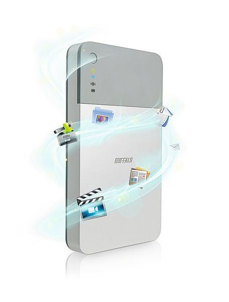 Die WLAN-Festplatte MiniStation Air 2 von Buffalo soll mit einer Akkuladung bis zu zwölf Stunden streamen. (Bild: Buffalo)