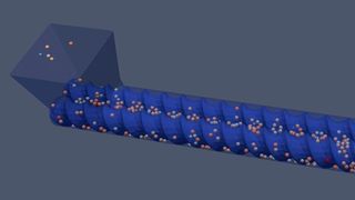 Bild einer 3D-Simulation, die das Untersuchungsziel hat, die Feststoffförderung in einem Doppelschneckenextruder mithilfe der sogenannten Diskrete-Elemente-Methode unter die Lupe zu nehmen. Daran forschen Experten des IKT der Universität Stuttgart momentan. Das soll Zeit und Kosten sparen. (IKT)