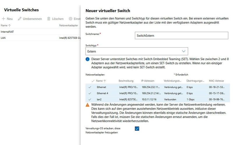 Erstellen eines neuen virtuellen Hyper-V-Switches im Windows Admin Center. (Bild: Joos - Microsoft)