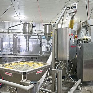 Die gemischten Graham-Cracker-Krümel füllen den Trichter des flexiblen Spiralförderers. (Bild: Flexicon)