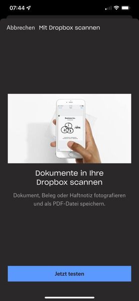 Die Dropbox-App kann auch Dokumente scannen und in die Cloud laden. (Joos/Dropbox (Screenshot))