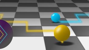 Die 3-D-Visualisierung zeigt, wie sich Kolloid Teilchen innerhalb des Schachbrettmusters bewegen. Abgebildet sind auch die diamantenartigen Konturen. (Bild: Daniel de las Heras / Universität Tübingen)