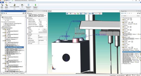 Die von Mitutoyo verwirklichte Software erkennt automatisch PMI und geometrische Toleranzen in 3D-CAD-Zeichnungen  und nutzt diese beim Generieren von CNC-Messprogrammen für KMG.(Bild:  Mitutoyo)