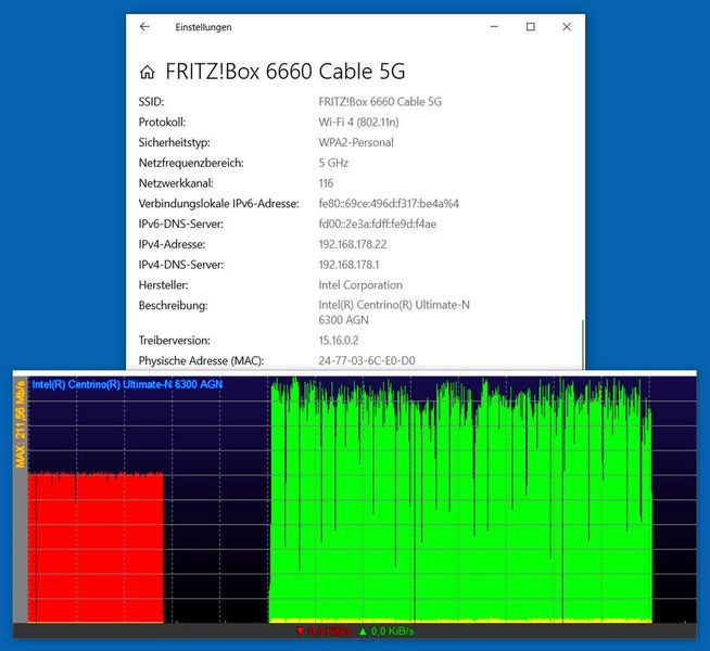 Abbildung 30: Upload vom 11n-Dell-Laptop über die AVM FRITZ!Box 6660 Cable auf den 10-Gig-NAS-Speicher-Server im 5 GHz-Band: Spitzen bis 211 Mbps. Durchschnitt um die 190 Mbps. (Bild: Harald Karcher)