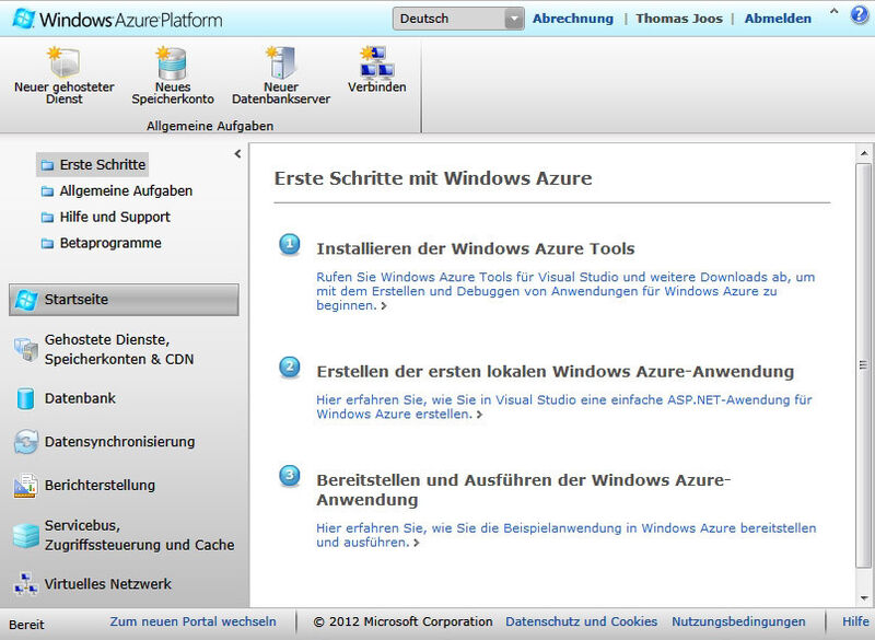 Abbildung 1: Verwalten von Windows Azure zur Anbindung von SQL Server 2012 (Bild: Thomas Joos)