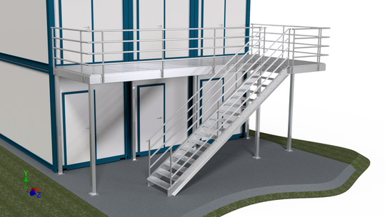Außentreppe mit Fassadenkonstruktion im 3D-Modell.(Bild:  © 2026 Tenado / Revalize)