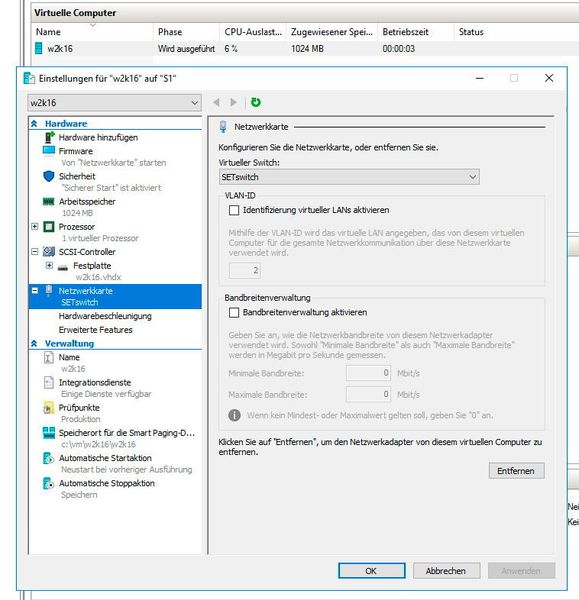 In Windows Server 2016 können virtuelle Netzwerkadapter im laufenden Betrieb einer VM hinzugefügt oder entfernt werden. (Joos / Microsoft)