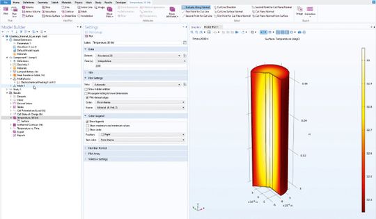 Die Benutzeroberfläche von Comsol Multiphysics mit einem Akku-Modell. ()