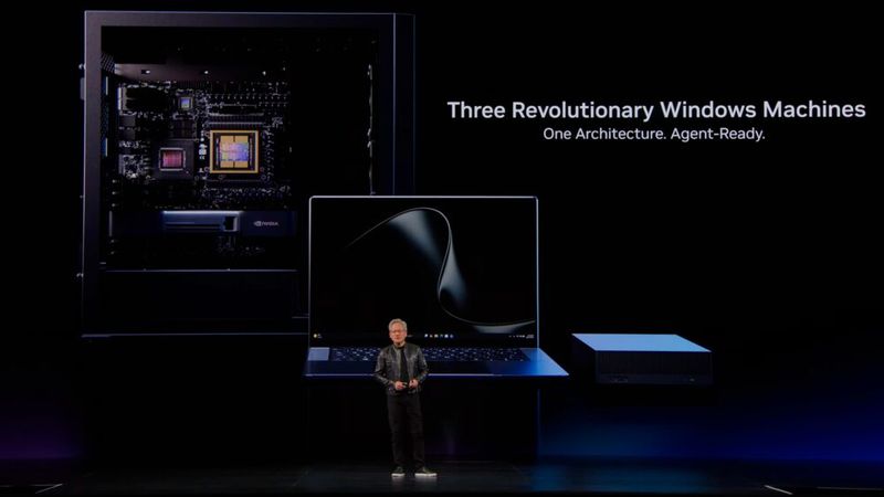 Mit RTX Spark für Windows-Notebooks und Windows-Desktop-PCs sowie der DGX Station for Windows präsentiert Nvidia-CEO Jensen Huang gleich drei Plattformen für das Microsoft-Betriebssystem. Natürlich soll auch hier die lokale KI eine gewichtige Rolle spielen.(Bild:  Nvidia)
