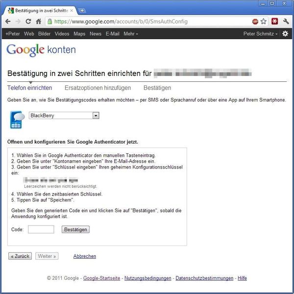 Ist die App heruntergeladen muss man sie noch für das Konto registrieren. Bei der BlackBerry-App zeigt Google im Browser einen Einmal-Code an, den man dann manuell in die App eingibt. Die App zeigt dann einen anderen Code an, den man im Browser eingibt und so die Registrierung der App abschließt. (Archiv: Vogel Business Media)