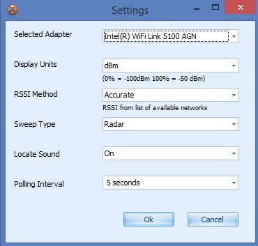 Abbildung 7: Über den Bereich „Settings“ lassen sich Einstellungen wie WLAN-Adapter, Zeit-Intervalle und die verwendeten Einheiten ändern. Hier passen Anwender auch die Option an, ob das Tool einen Sound abspielen soll, wenn ein neues Netzwerk gefunden wird. (Bild: Joos)