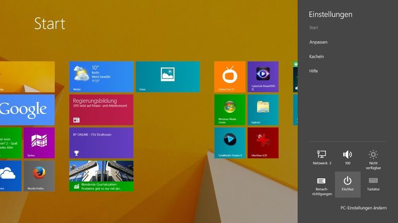 Screenshot der Modern UI in Windows 8.1, mit eingeblendetem Funktionsmenü. (Bild: Screenshot/Microsoft)