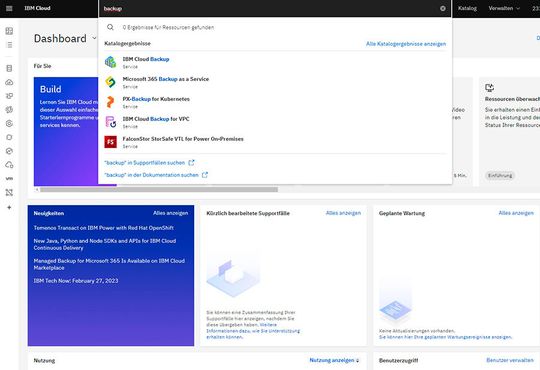 IBM Cloud Backup ist am schnellsten über das Suchfeld der IBM-Cloud-Konsole zu finden. (Bild:  Joos - IBM)